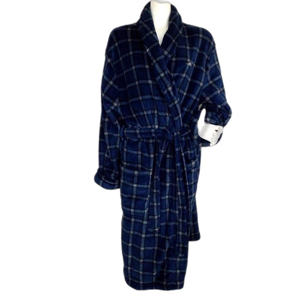 TOMMY BAHAMA Plush Robe, L/XL, Blue Plaid, Pockets, Wrap front, Long sleeves